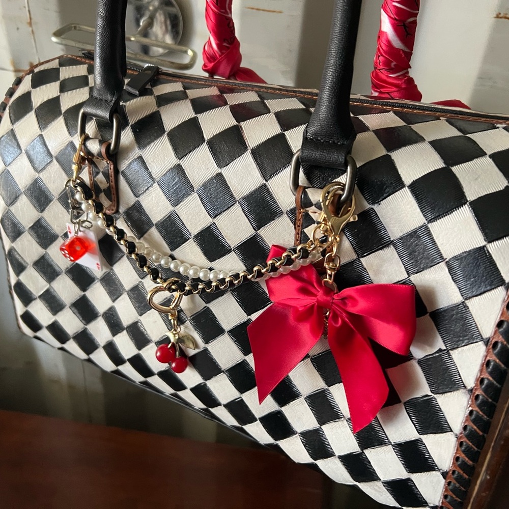 Black & White Checkered Satchel with Red Bow Charm